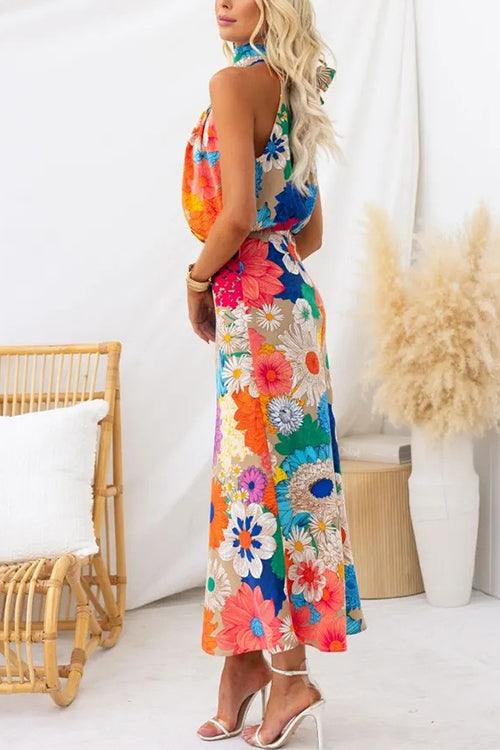 Été | Robe maxi sans manches à col cravate et imprimé floral