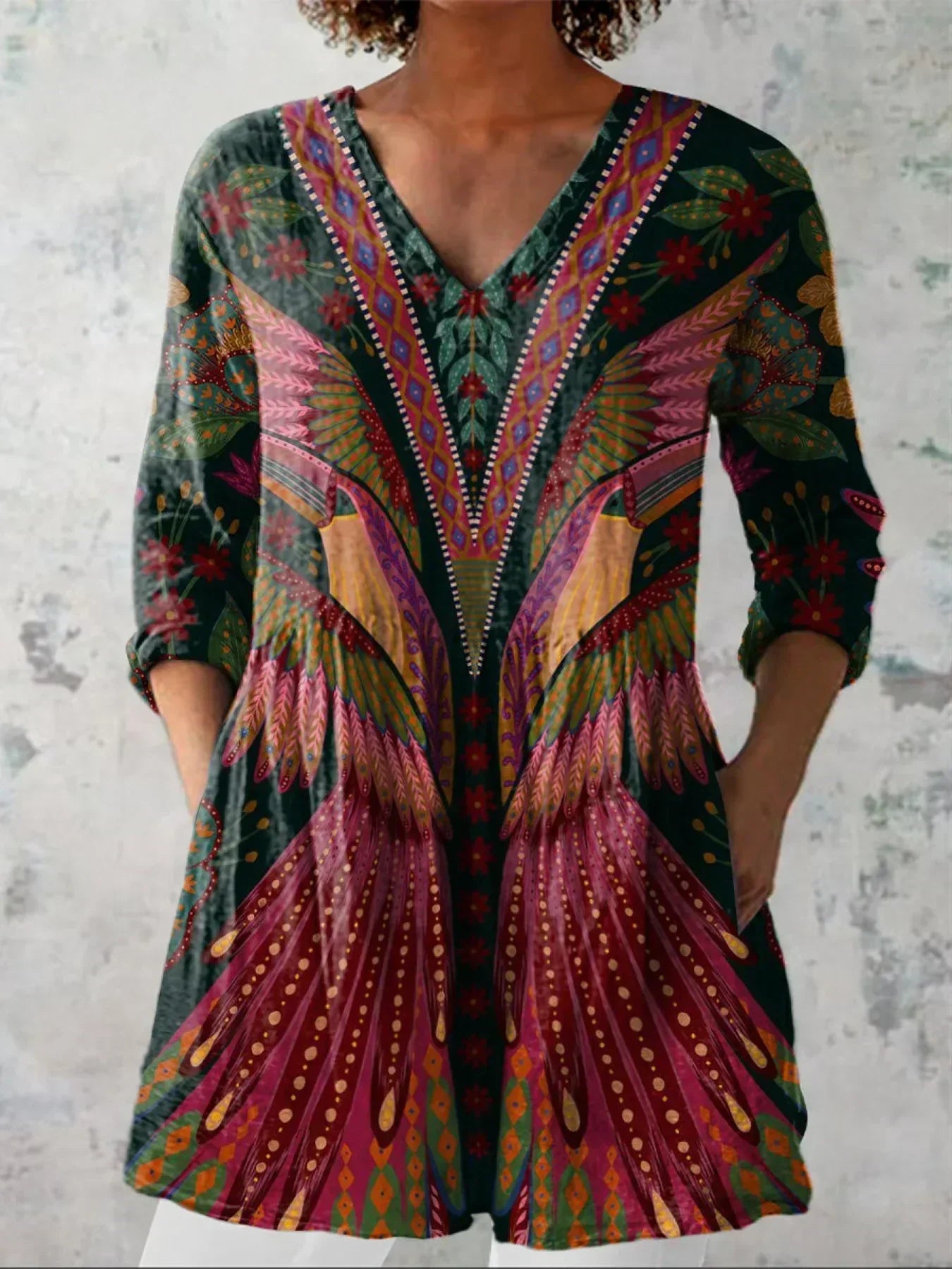 Ruby | Chemise V en Col V avec Motif Oiseau Tropical
