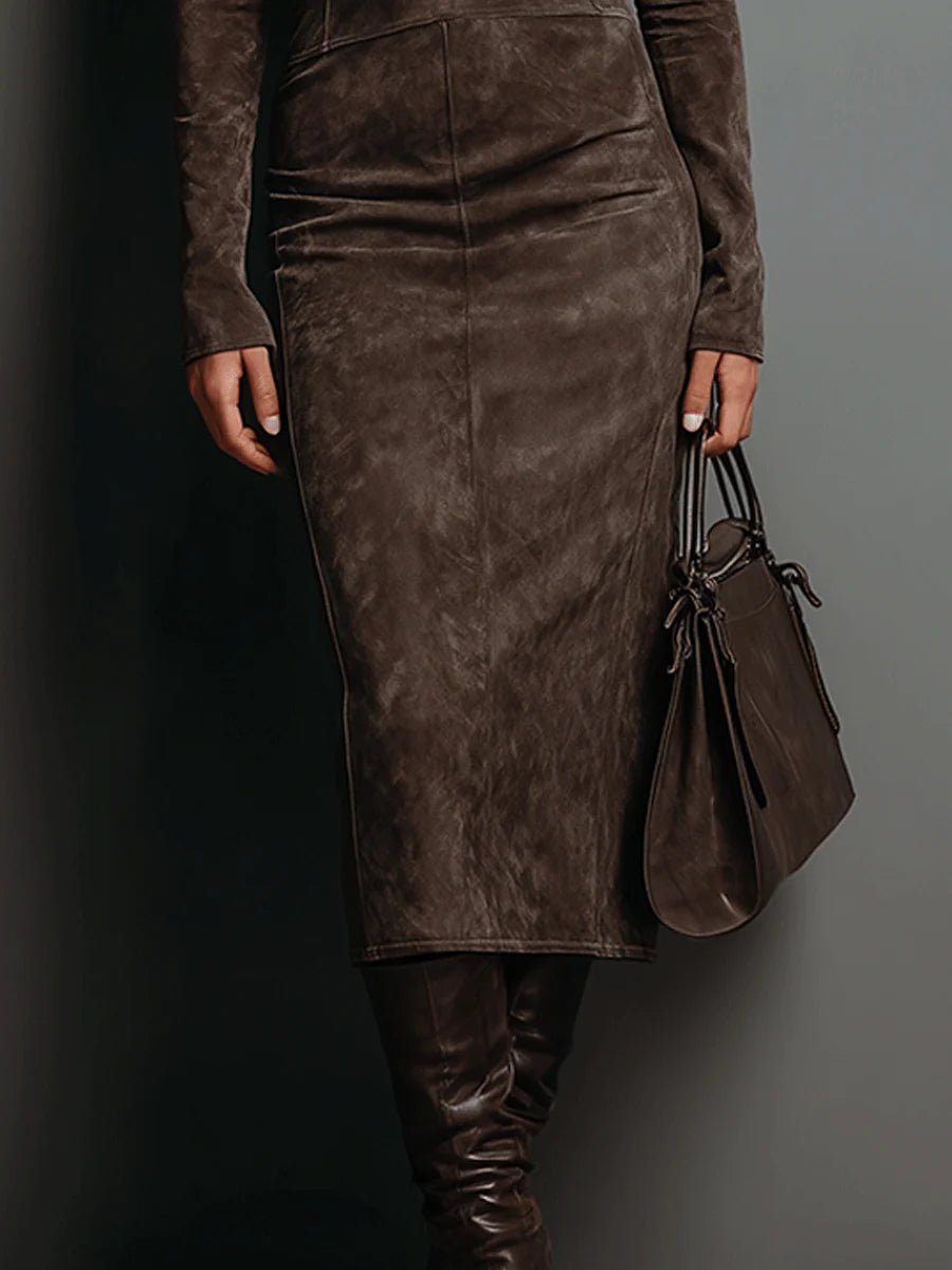 Robine | Robe Midi en Suède à Manches Longues