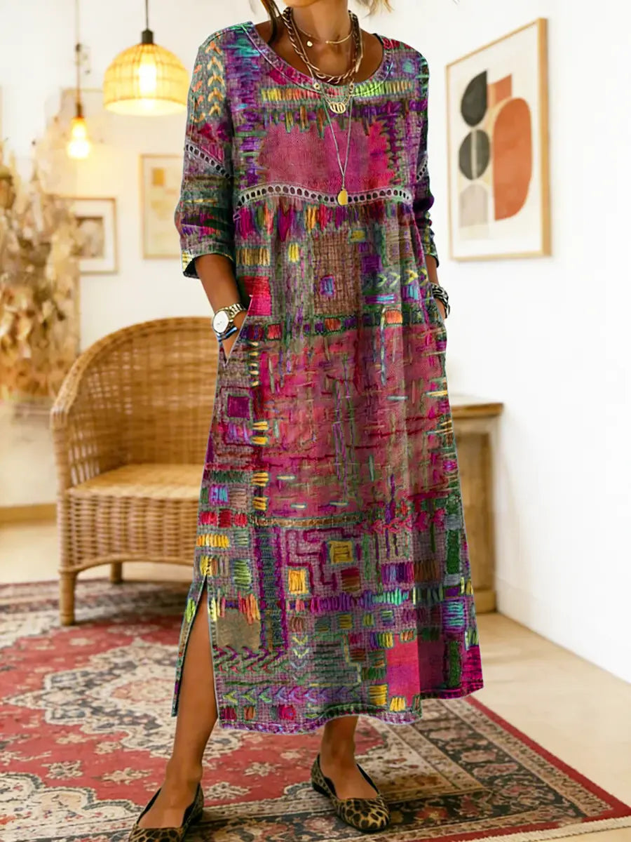 Manuela Robe en Denim avec Patchwork Ethnique