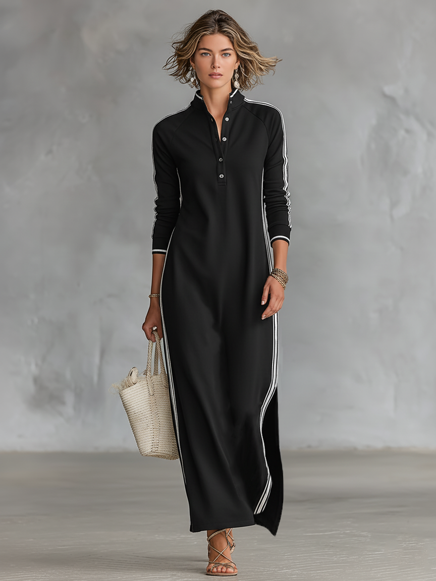 Robe Maxi Sweat avec Col Boutonné