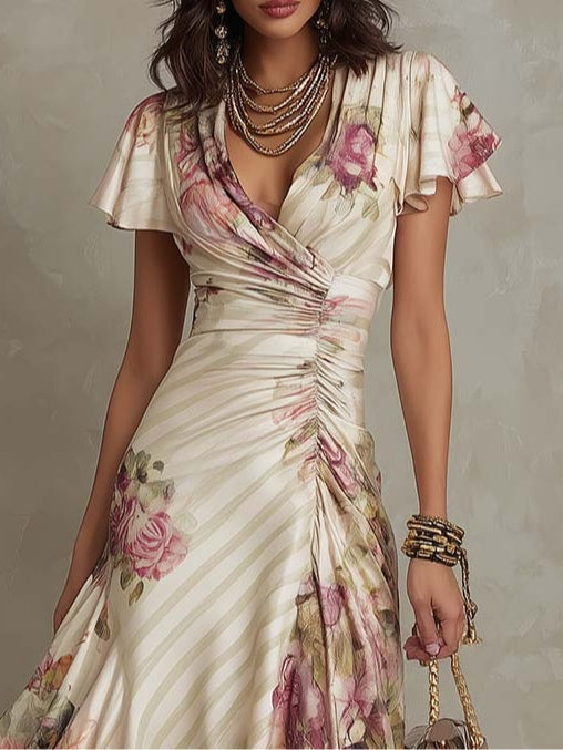 Margaret | Robe Midi Satin Fleurie Vintage