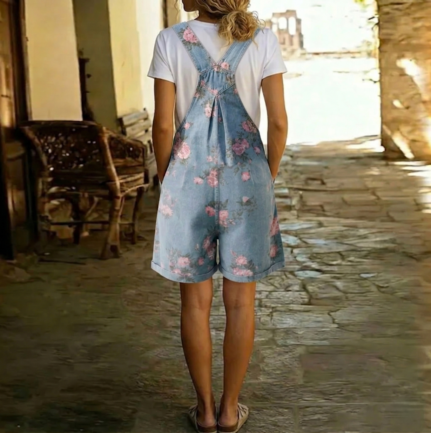 Judy | Salopette en denim vintage à fleurs doux