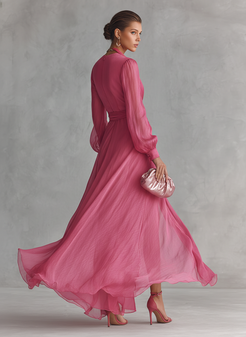 Robe Chiffon Rose Décolleté en V