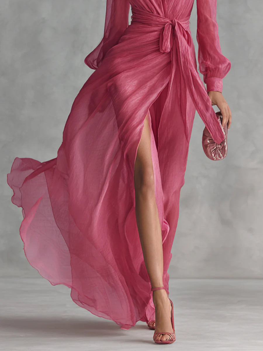 Beatrice | Robe Longue Élégante en Chiffon à Décolleté en V et Taille Liée