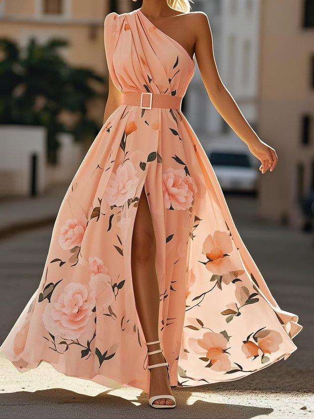 Julie | Robe Maxi Chiffon Fleurie Vert Clair à Une Épaule