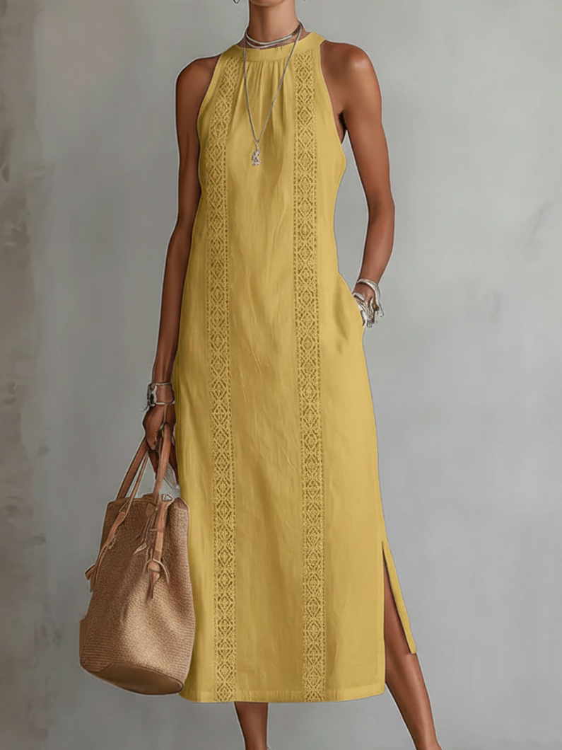 Judy | Robe Midi Sans Manches avec Détails en Dentelle