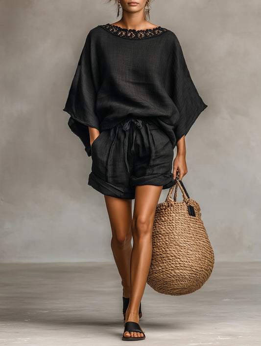 Lila | Blouse à col bateau en dentelle et ensemble de shorts