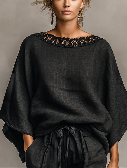 Lila | Blouse à col bateau en dentelle et ensemble de shorts