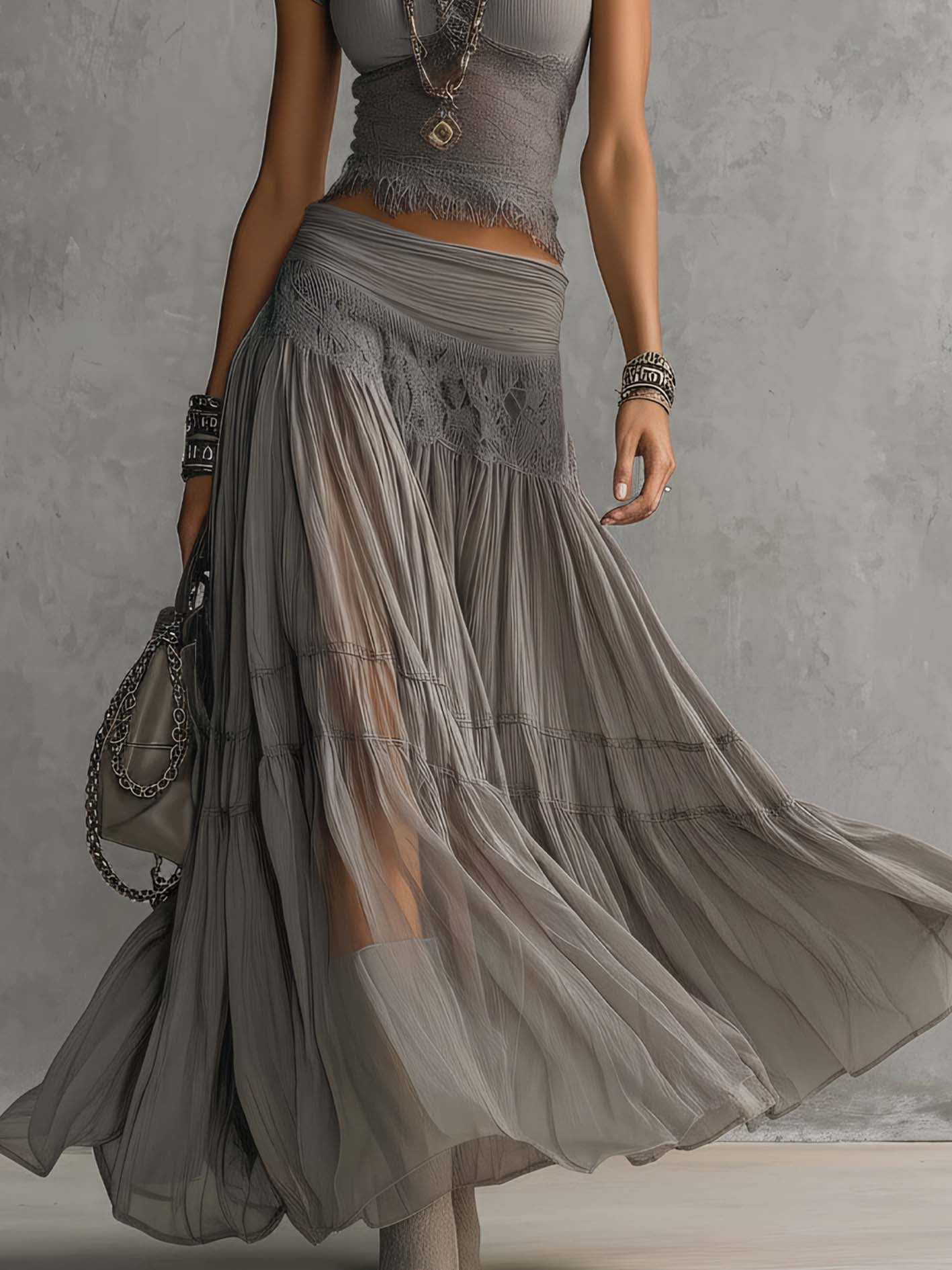Ensemble Haut à Panneau en Dentelle et Jupe Maxi Plissée
