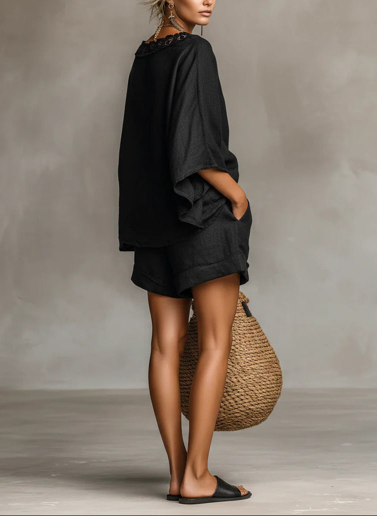 Lila | Blouse à col bateau en dentelle et ensemble de shorts