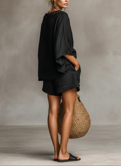 Lila | Blouse à col bateau en dentelle et ensemble de shorts
