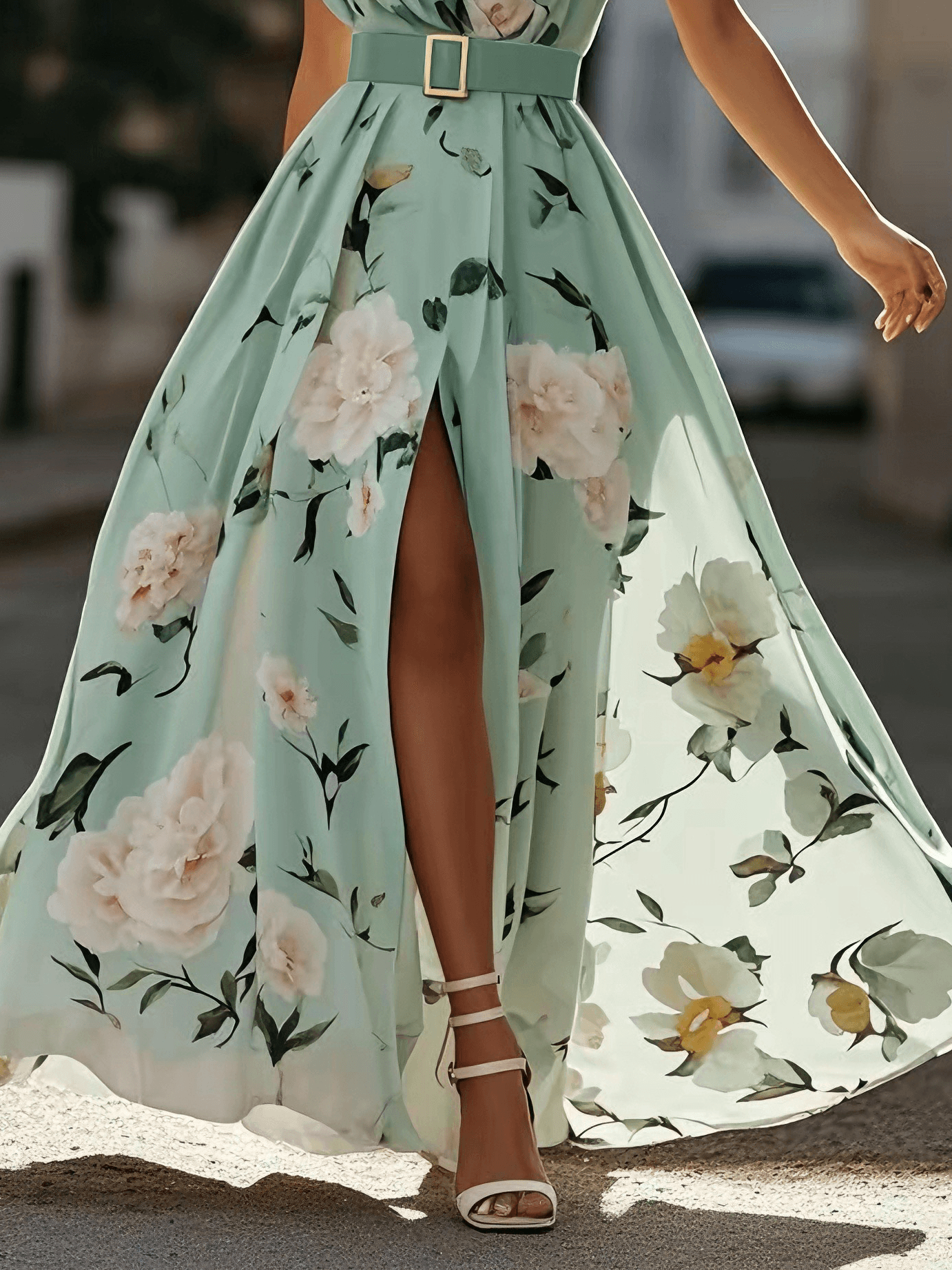 Julie | Robe Maxi Chiffon Fleurie Vert Clair à Une Épaule