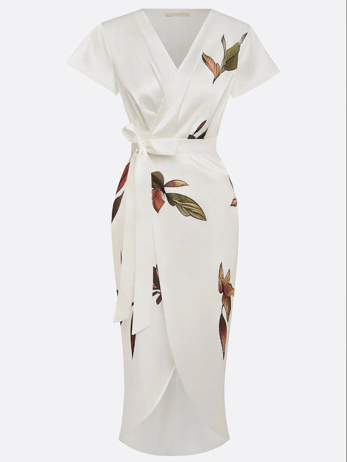 Judy | Robe Midi Satinée à Manches Courtes Blanche