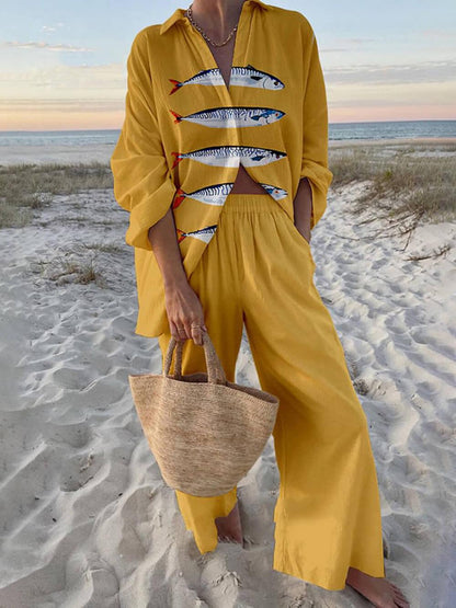 Mae | Chemise oversize à imprimé océan style île et pantalon à poches à taille élastique