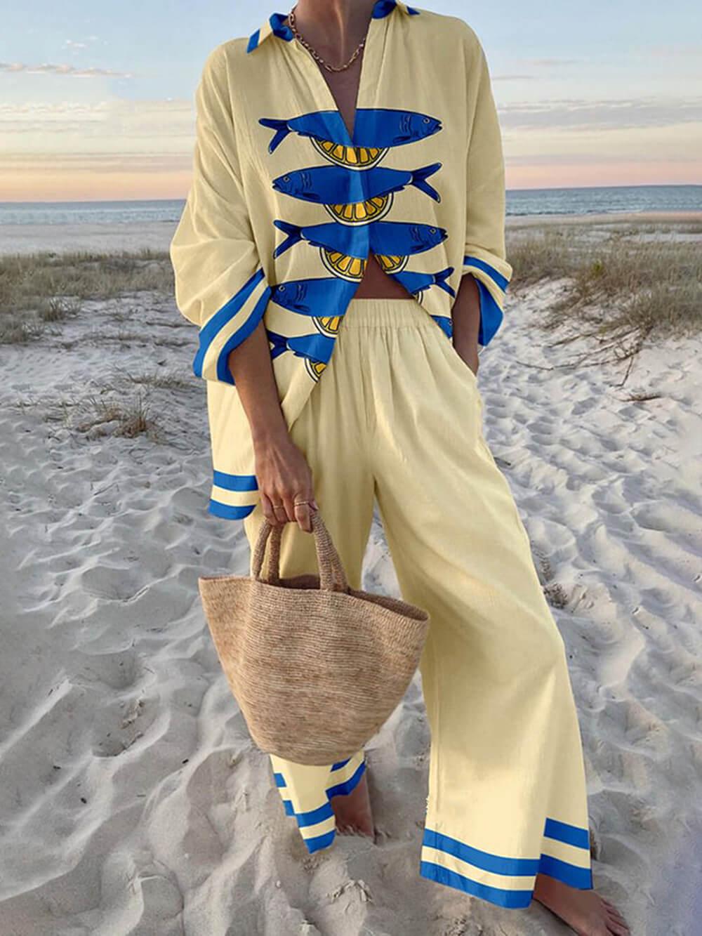 Mae | Chemise oversize à imprimé océan style île et pantalon à poches à taille élastique