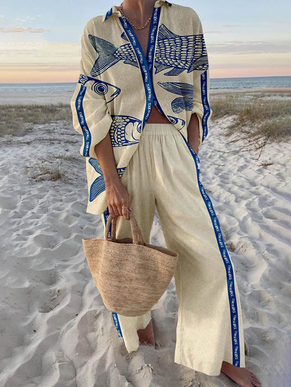 Mae | Chemise oversize à imprimé océan style île et pantalon à poches à taille élastique