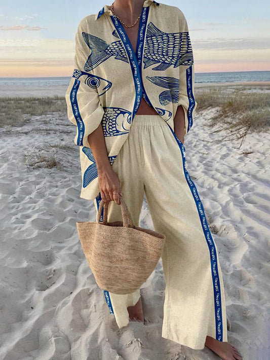 Mae | Chemise oversize à imprimé océan style île et pantalon à poches à taille élastique
