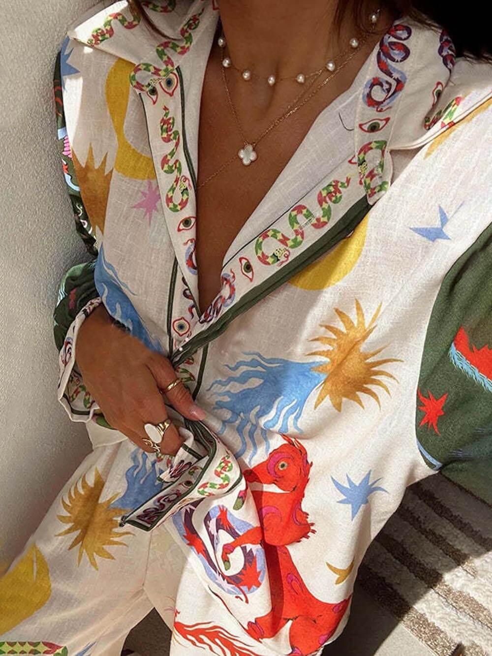 Isabella | Ensemble Chemise à Manches Longues Imprimée Unique et Pantalon à Taille Élastique