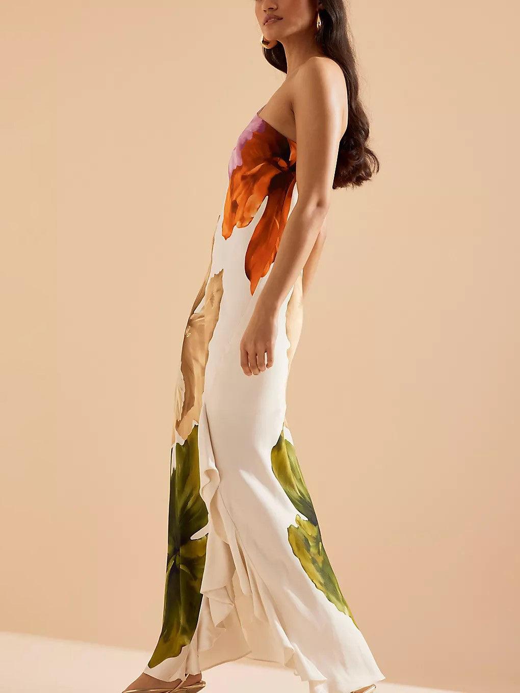 Kira | Robe Maxi Élegante Imprimé Floral à Épaule Dénudée
