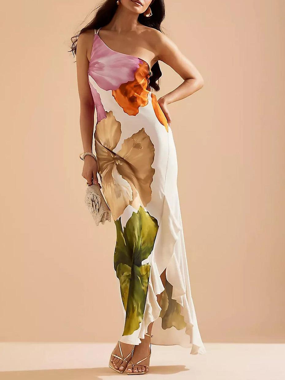 Kira | Robe Maxi Élegante Imprimé Floral à Épaule Dénudée