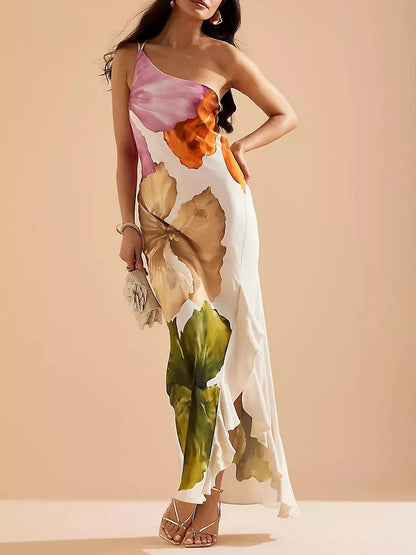 Kira | Robe Maxi Élegante Imprimé Floral à Épaule Dénudée