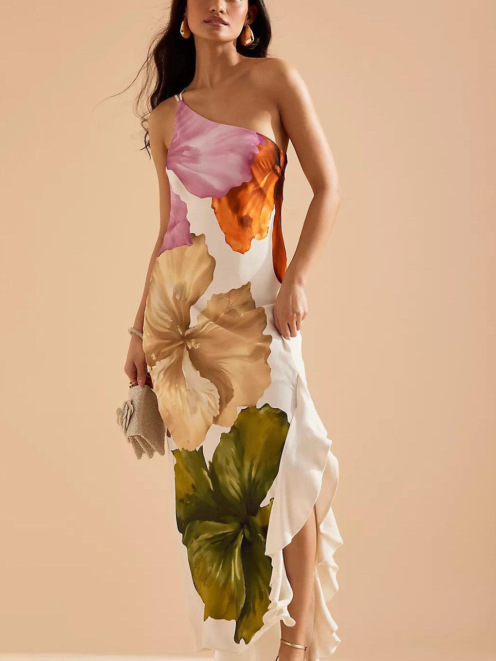 Kira | Robe Maxi Élegante Imprimé Floral à Épaule Dénudée