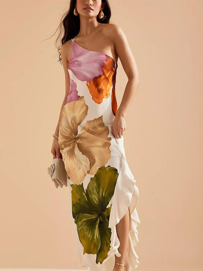 Kira | Robe Maxi Élegante Imprimé Floral à Épaule Dénudée