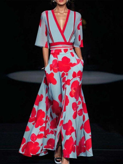 Lea | Ensemble de Robe Maxi Élégante à Manches Mi-Longues Glamour de Bord de Mer