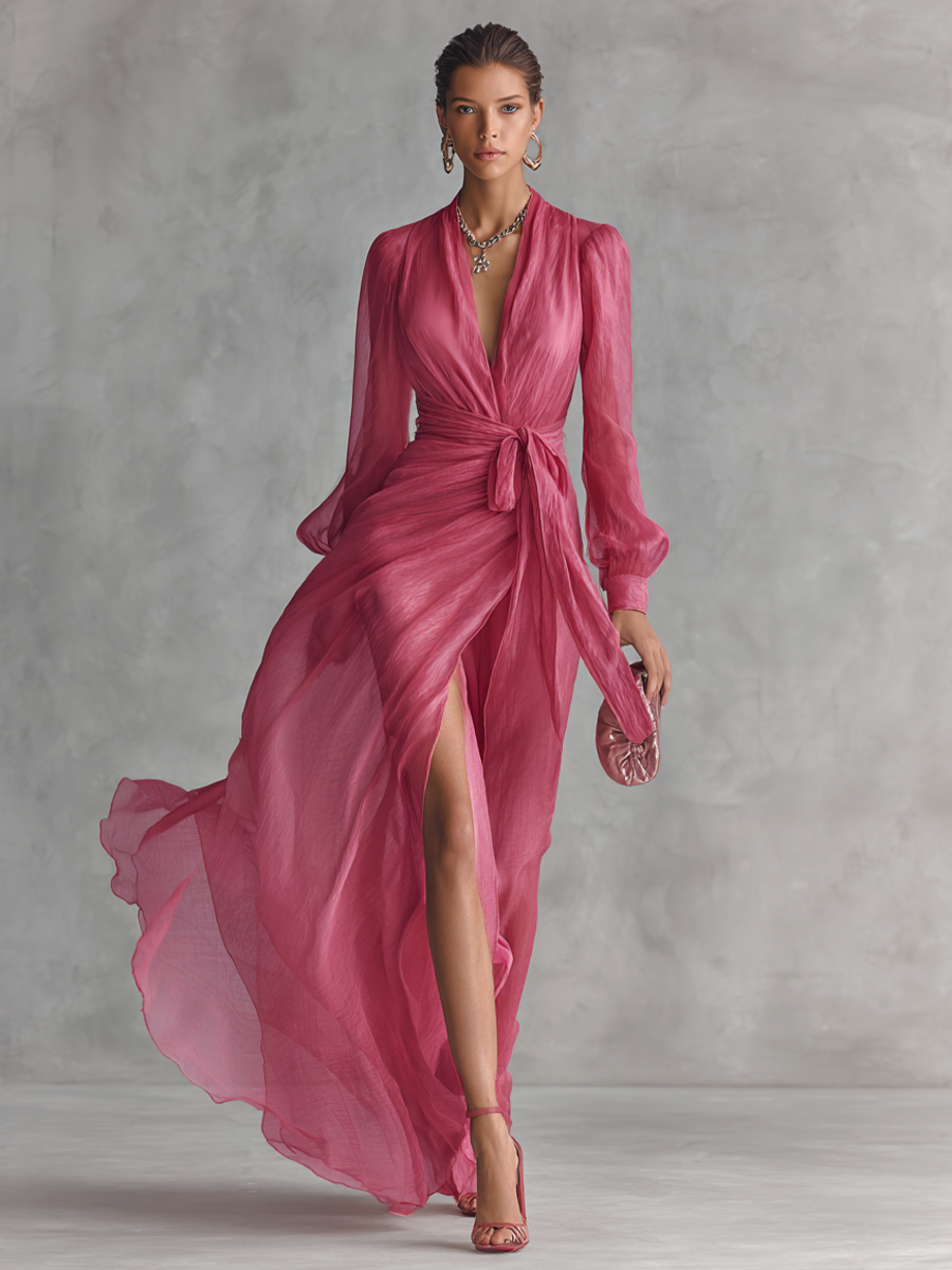 Robe Chiffon Rose Décolleté en V
