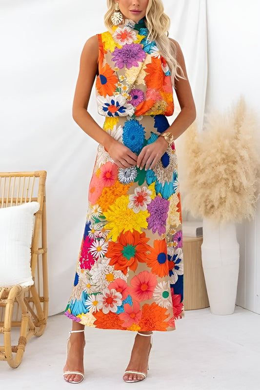 Été | Robe maxi sans manches à col cravate et imprimé floral