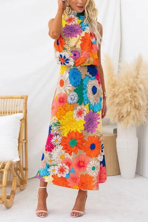 Été | Robe maxi sans manches à col cravate et imprimé floral