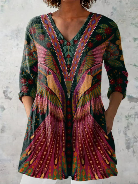 Ruby | Chemise V en Col V avec Motif Oiseau Tropical