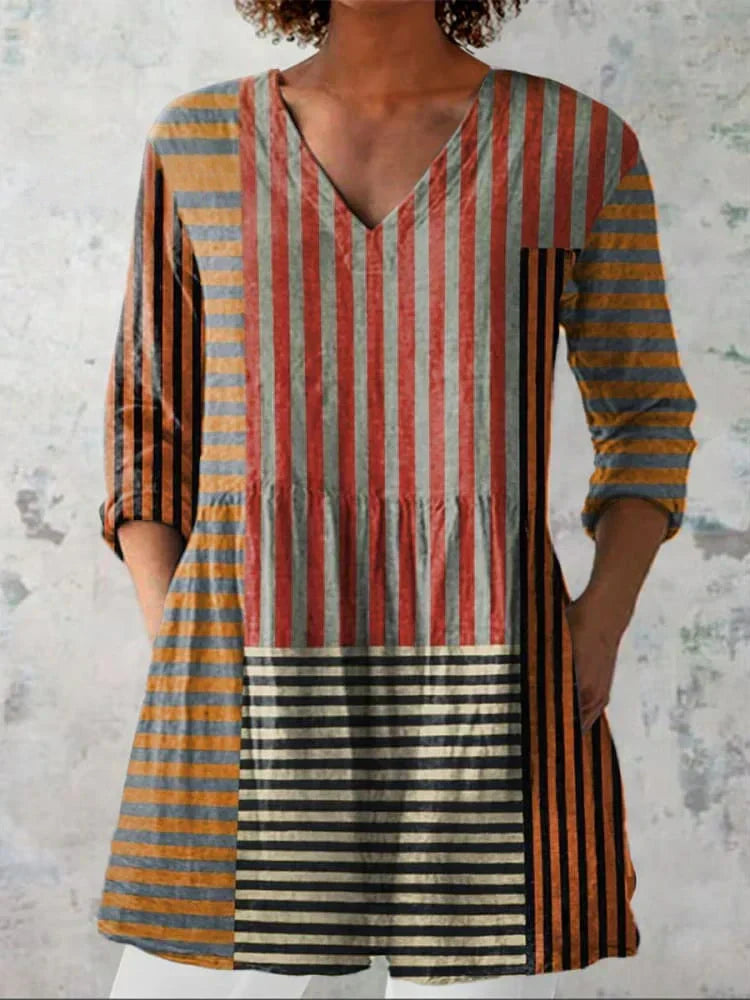 Avery | Chemise V-Neck en Patchwork Rayé