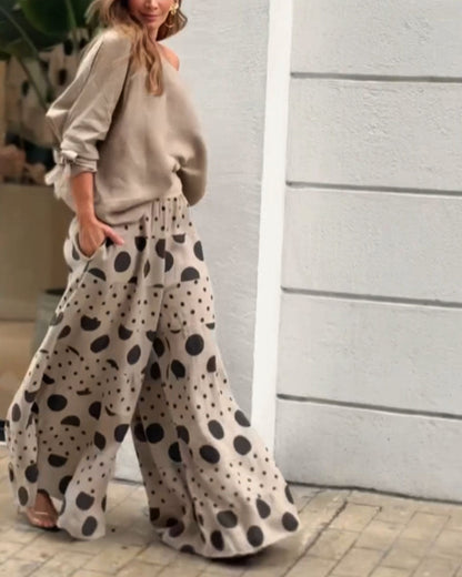 Samantha | Haut Décontracté à Épaule Dénudée & Ensemble Pantalon Imprimé
