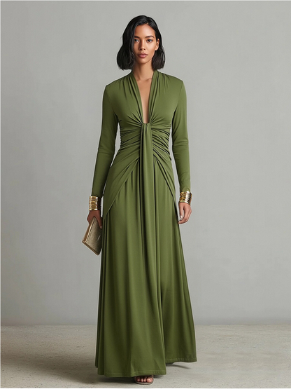 Robe Maxi en Soie Olive à Décolleté en V