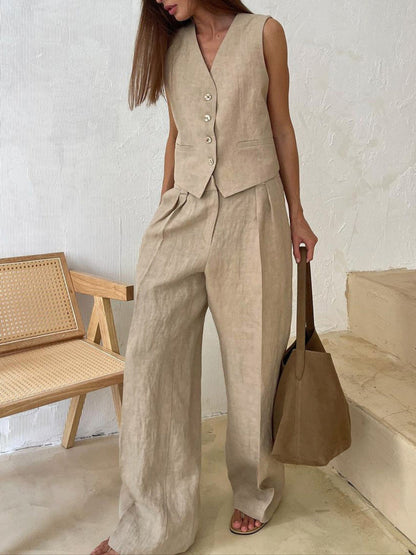 Lila | Costume Pantalon Large Plissé à Col V
