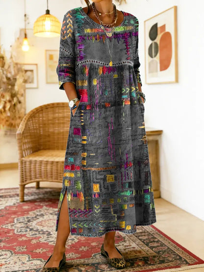 Manuela Robe en Denim avec Patchwork Ethnique