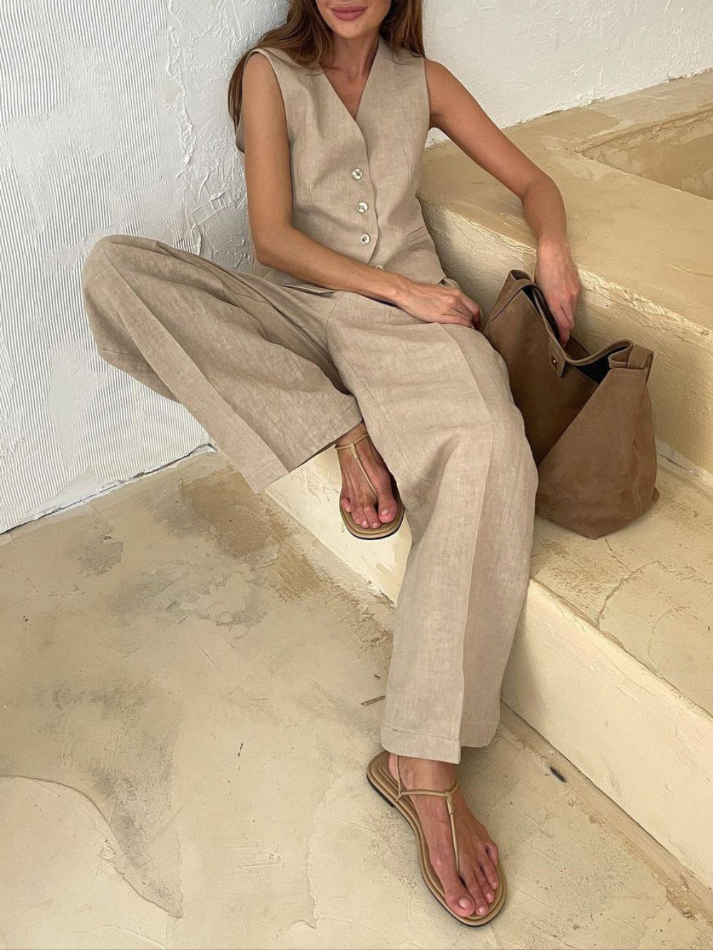 Lila | Costume Pantalon Large Plissé à Col V
