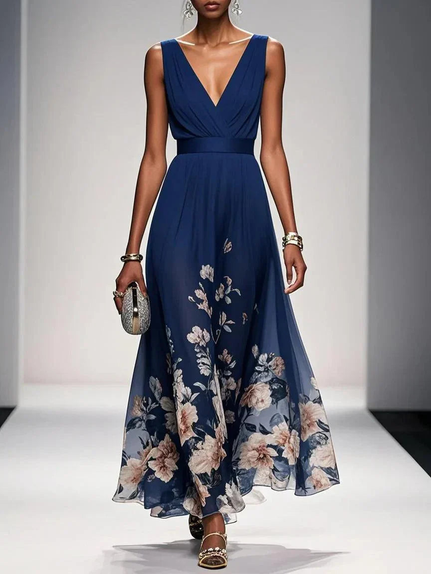 Rose | Robe Maxi Chiffon à Fleurs Bleu Clair Décolleté en V