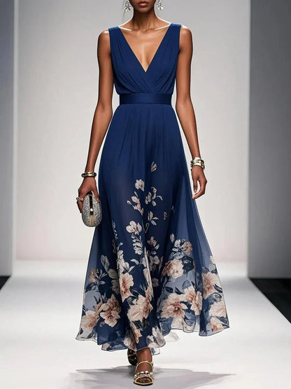 Rose | Robe Maxi Chiffon à Fleurs Bleu Clair Décolleté en V