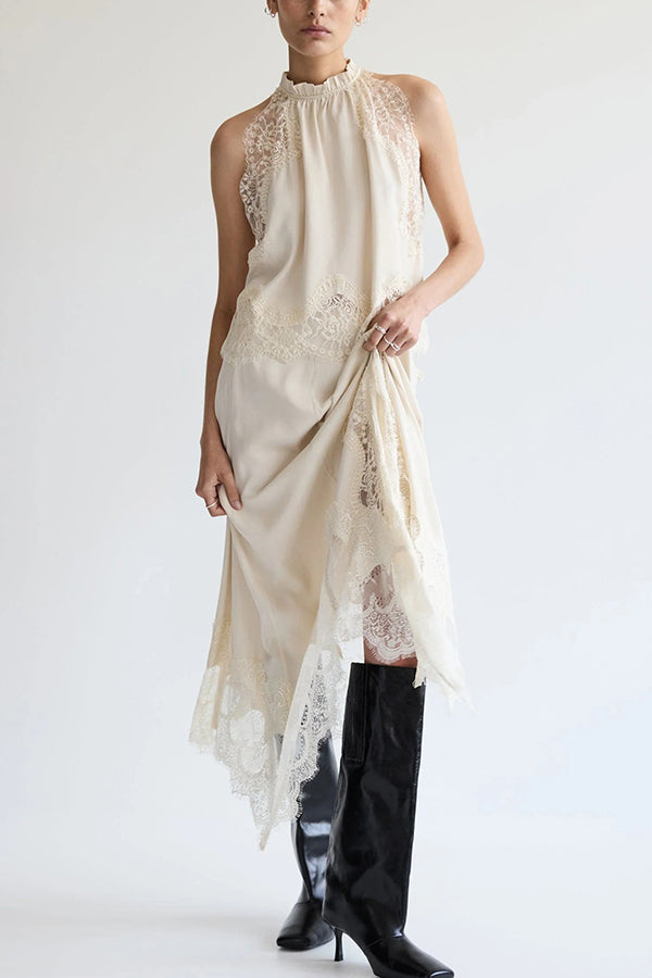 Isabella | Ensemble Top Plissé en Dentelle + Jupe à Fente Irrégulière