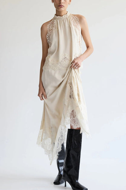 Isabella | Ensemble Top Plissé en Dentelle + Jupe à Fente Irrégulière
