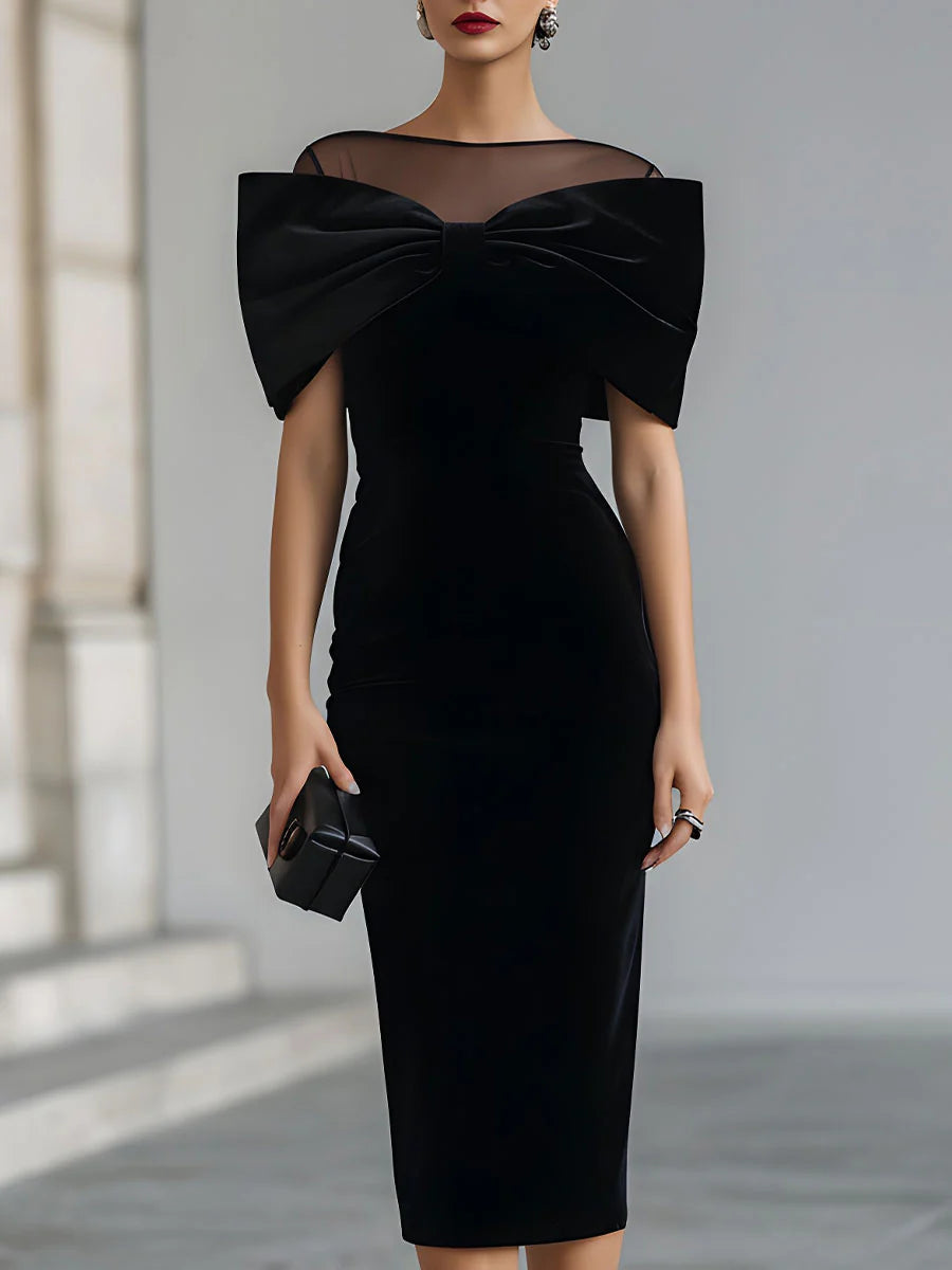 Dramatique | Robe Midi en Velours Noir avec Nœud