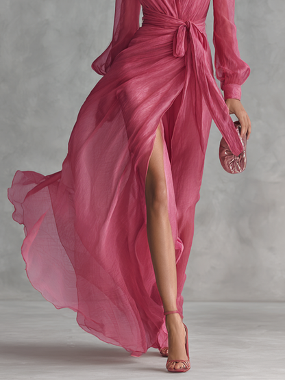 Robe Chiffon Rose Décolleté en V