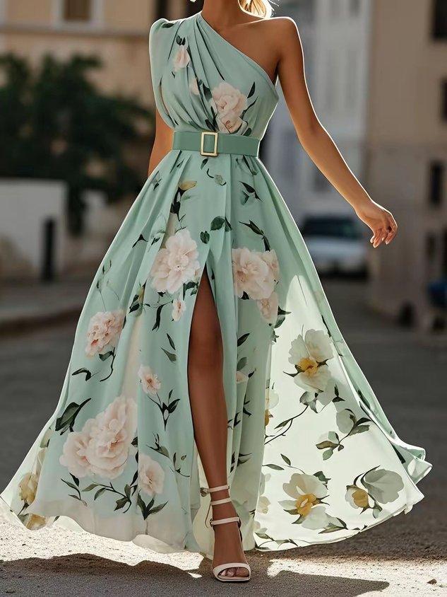 Julie | Robe Maxi Chiffon Fleurie Vert Clair à Une Épaule