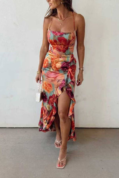 Fae | Robe Maxi Satinée Dos Nu Fleurie