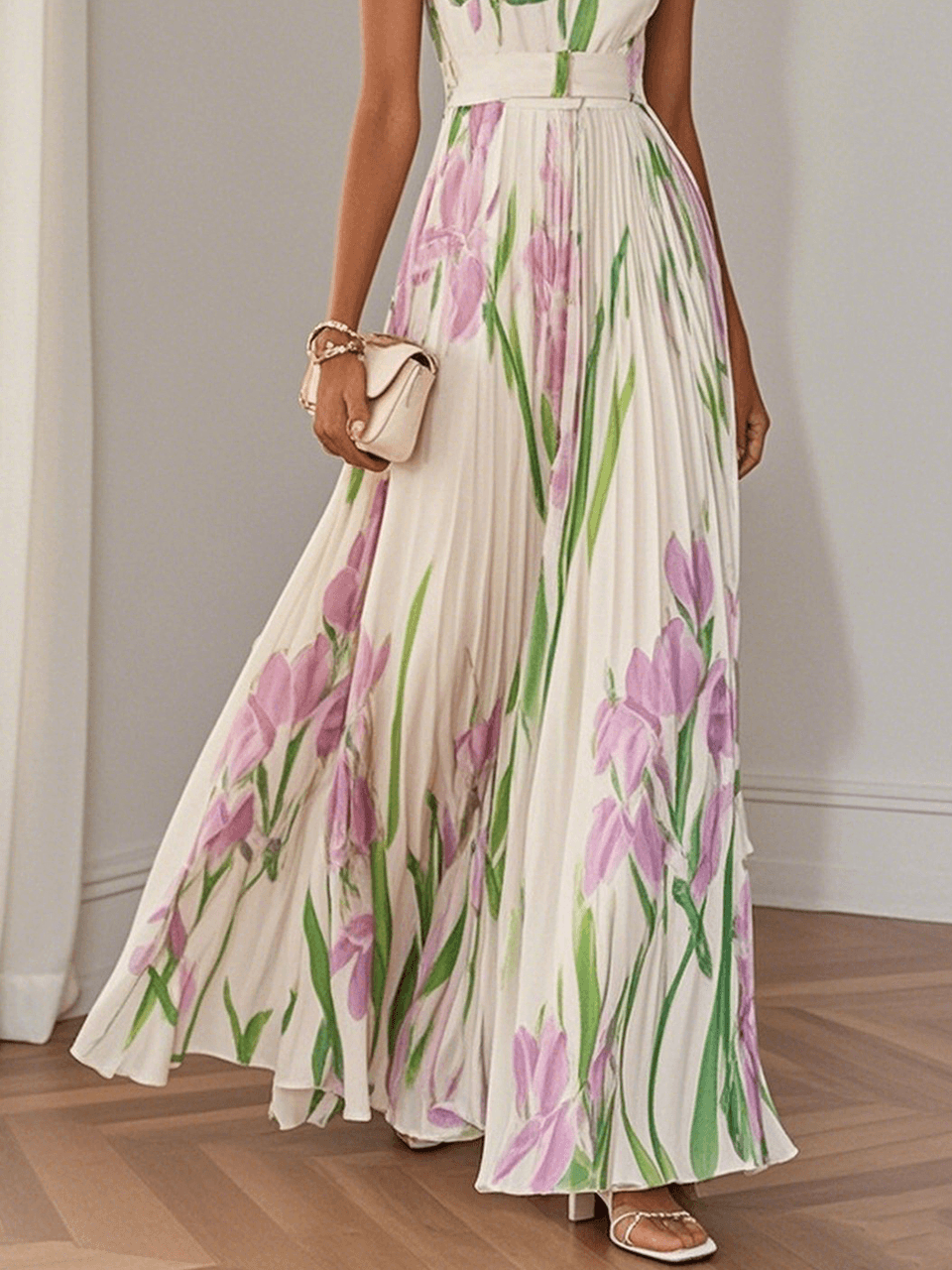 Marie | Robe Maxi en Chiffon Floral Plissé Blanche