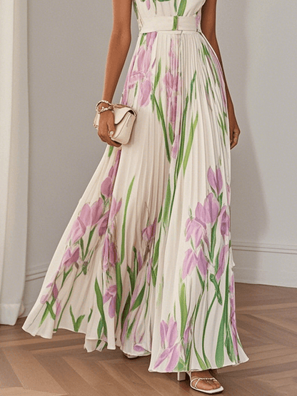 Marie | Robe Maxi en Chiffon Floral Plissé Blanche