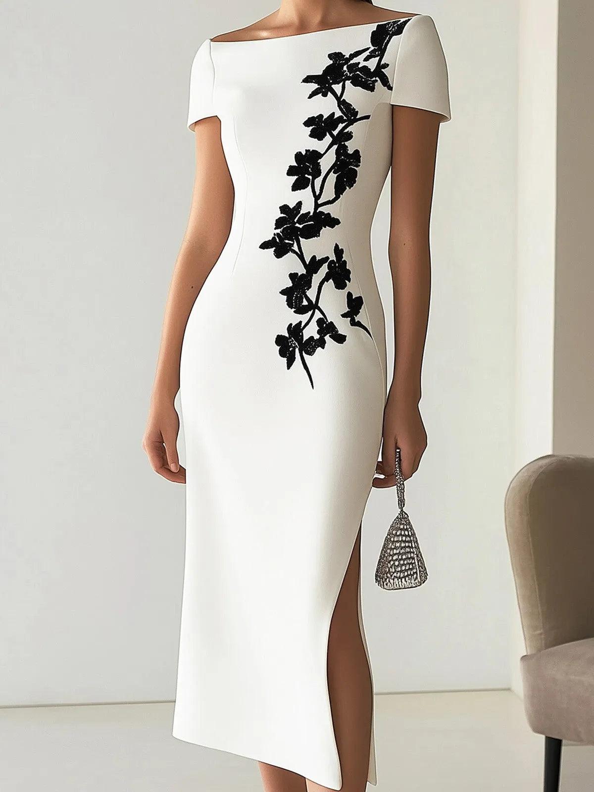 Audrey | Robe Midi Imprimée Florale Chic à Col Bateau